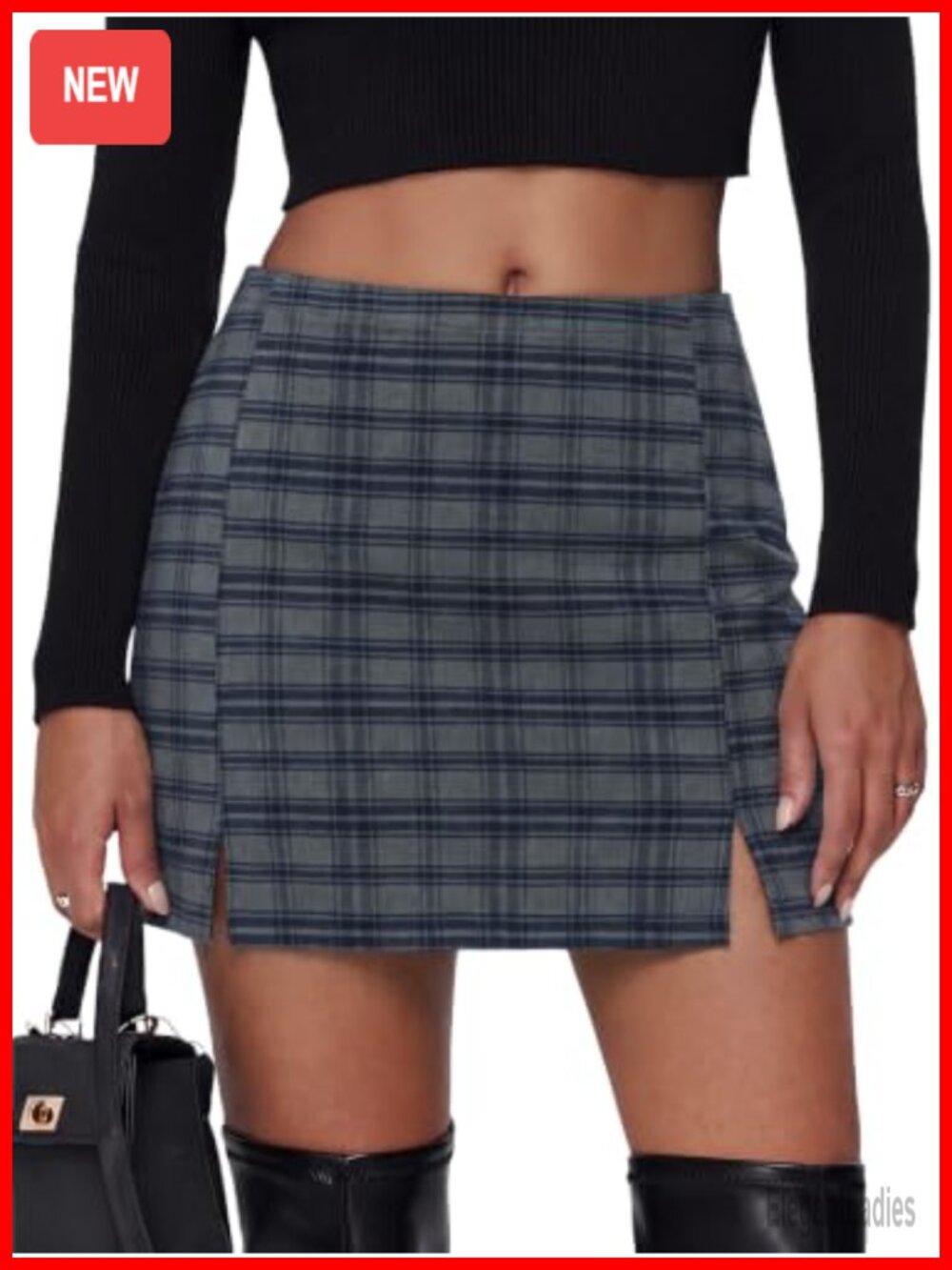 Plaid Mini Skirt High Elastic Waist Bodycon Double Slit Fall Party